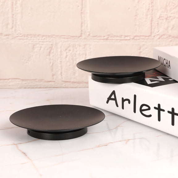 2Pcs Round Metal Candle Holder Living Room Bedroom Tea Scented Pillar Wax Candle Countertop Tray Plate Stand Birthday/ 2PC candle tray black