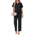 thumbnail image 2 of INSPIRE CHIC Womens Satin Pajamas Silky Short Sleeve V Neck Shirt with Long Pant Soft Loungewear Pjs Set S Black, 2 of 6