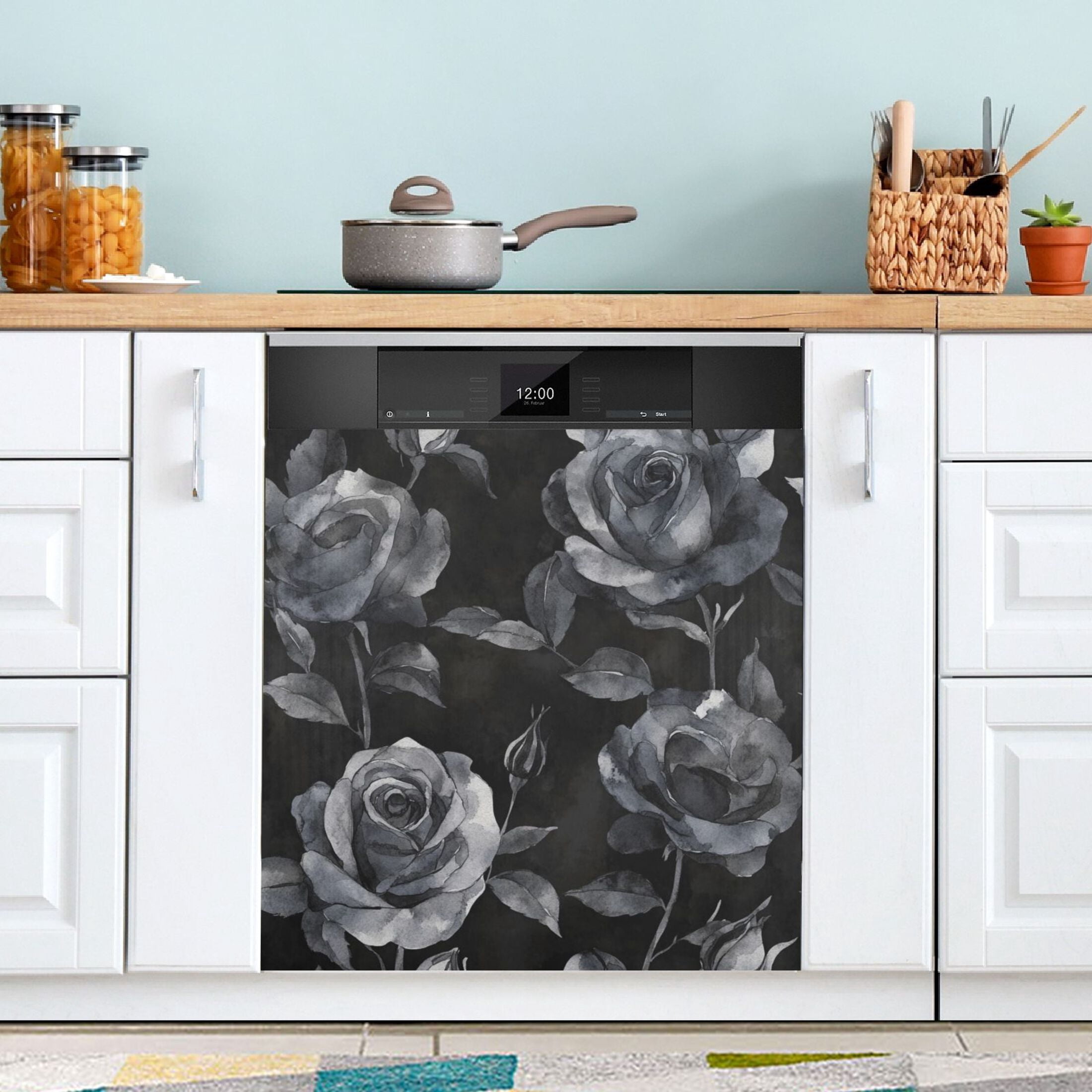 Dishwasher Magnetic Sticker 23x26 Inch Refrigerator Magnetic Sticker Washing Machine Magnetic Sticker Kitchen Panel Magnetic Sticker Home Decor Black Roses Seamless