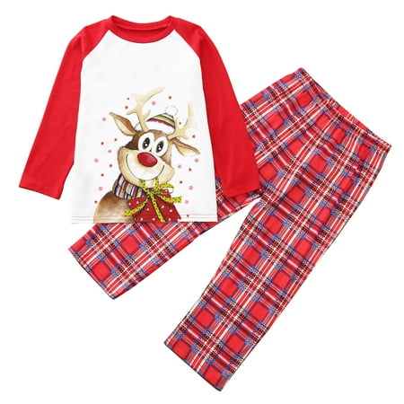 

Cute Family Parent-child Pajamas Cartoon Fawn Raglan Tops and Plaid Trousers Home Clothes Set