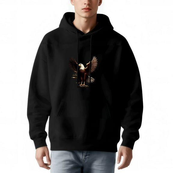 Men's Long Sleeve Hoodie Pullover Sweatshirt with Eagle Illustration Relaxed Fit Front Pocket Casual Wear Drawstring Hood