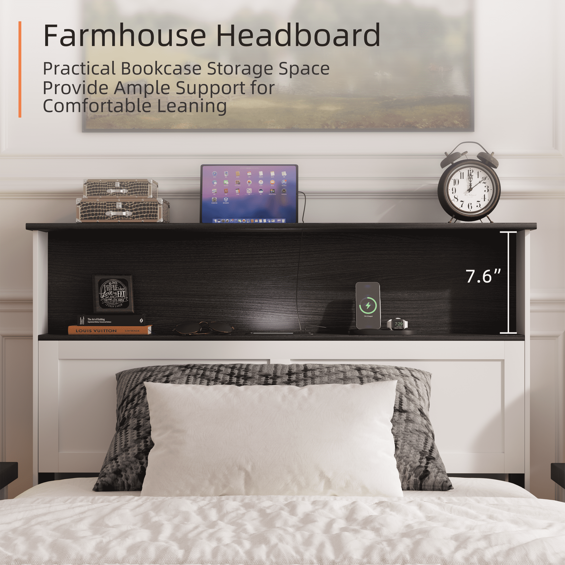 PAPROOS Twin Bed Frame with Charging Station and LED Light, Twin Size wood Platform Bed with Headboard and Footboard, No Box Spring Needed, White&Black