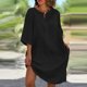 thumbnail image 3 of Gibobby Vestidos Casuales para Mujer Vestido retro de manga siete con cuello en V y botones de color sólido informal para mujer(Negro,M), 3 of 5
