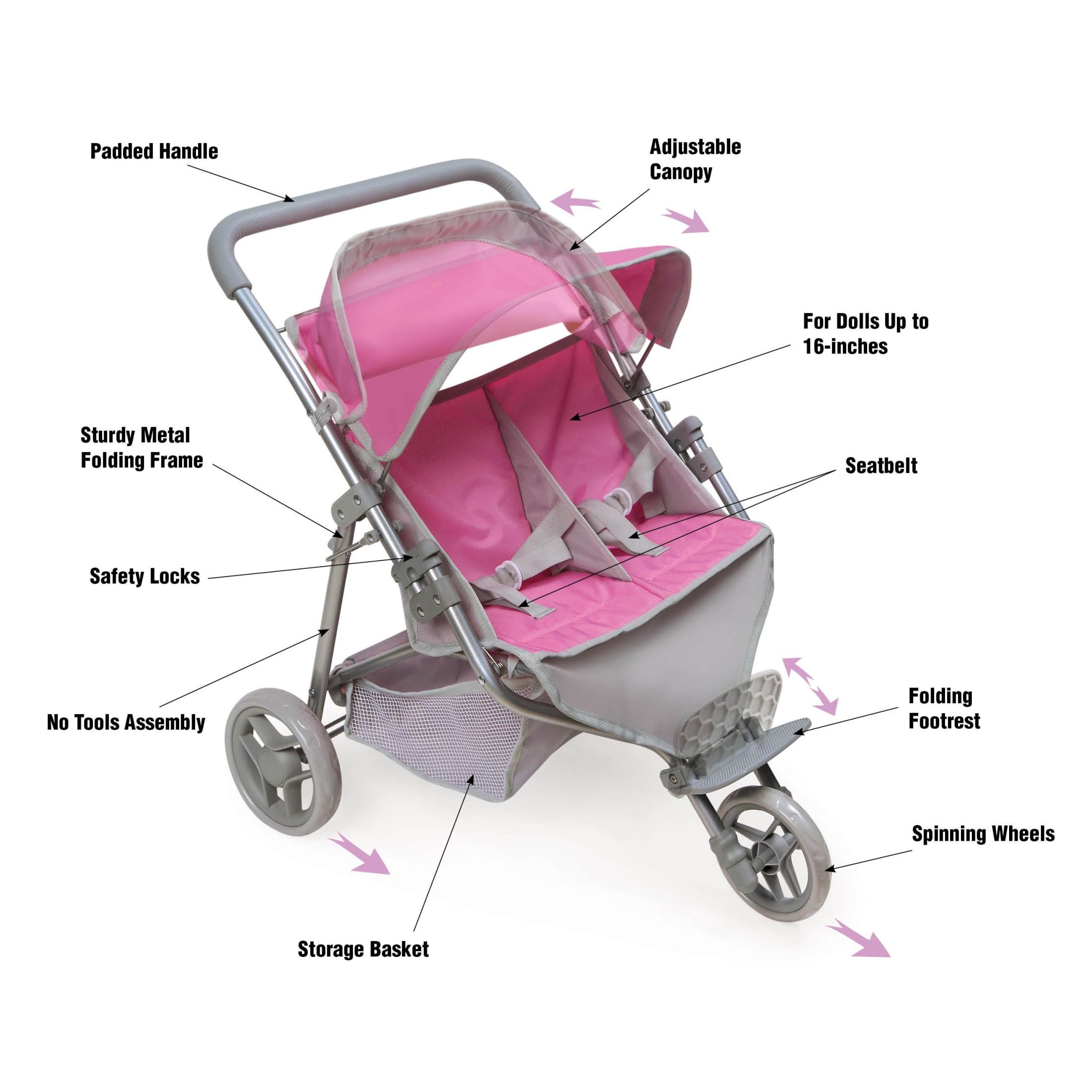 Badger Basket Trek 3-Wheel Folding Twin Doll Jogging  Stroller for 18 inch Dolls - Pink/Gray