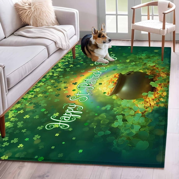 Hallway Runner Rugs 2.7x5 Ft, Saint Patrick's Day Non Slip Area Rugs for Kitchen Bedroom Entryway, Rainbow Gold Coin Green Lucky Leaves Washable Carpet Runner Rug Floor Mats for Bedroom Home Decor