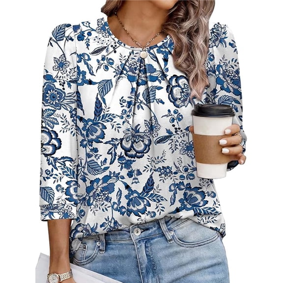 VDJ Womens Tops Casual Business Work 3/4 Length Sleeve T-Shirts Floral Printed Trendy Dressy Blouses Lightweight Outfits 2026 Size XL