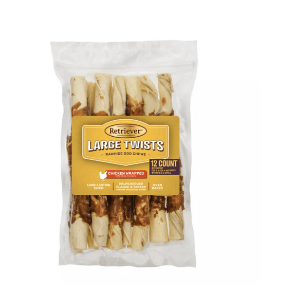 Retriever Large Chicken-Wrapped Rawhide Twists Dog Chew Treats, 12 ct.