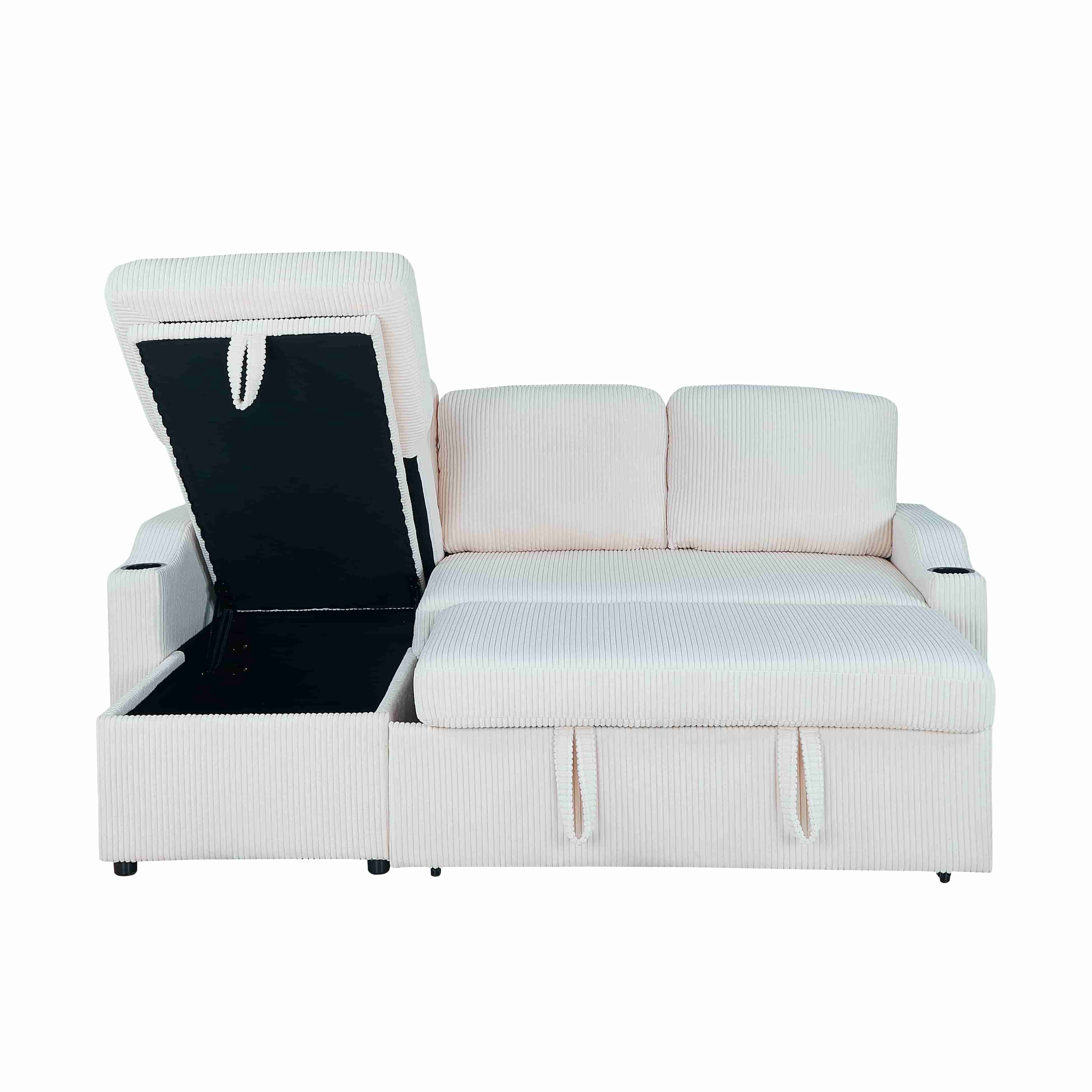 BSHTI Modern L-Shaped Sectional Sofa Bed, Solid Wood Frame, Corduroy Fabric Cover, 2 In 1 Pull-Out Sleeper Bed Sofa, Hidden Storage Space, Beige