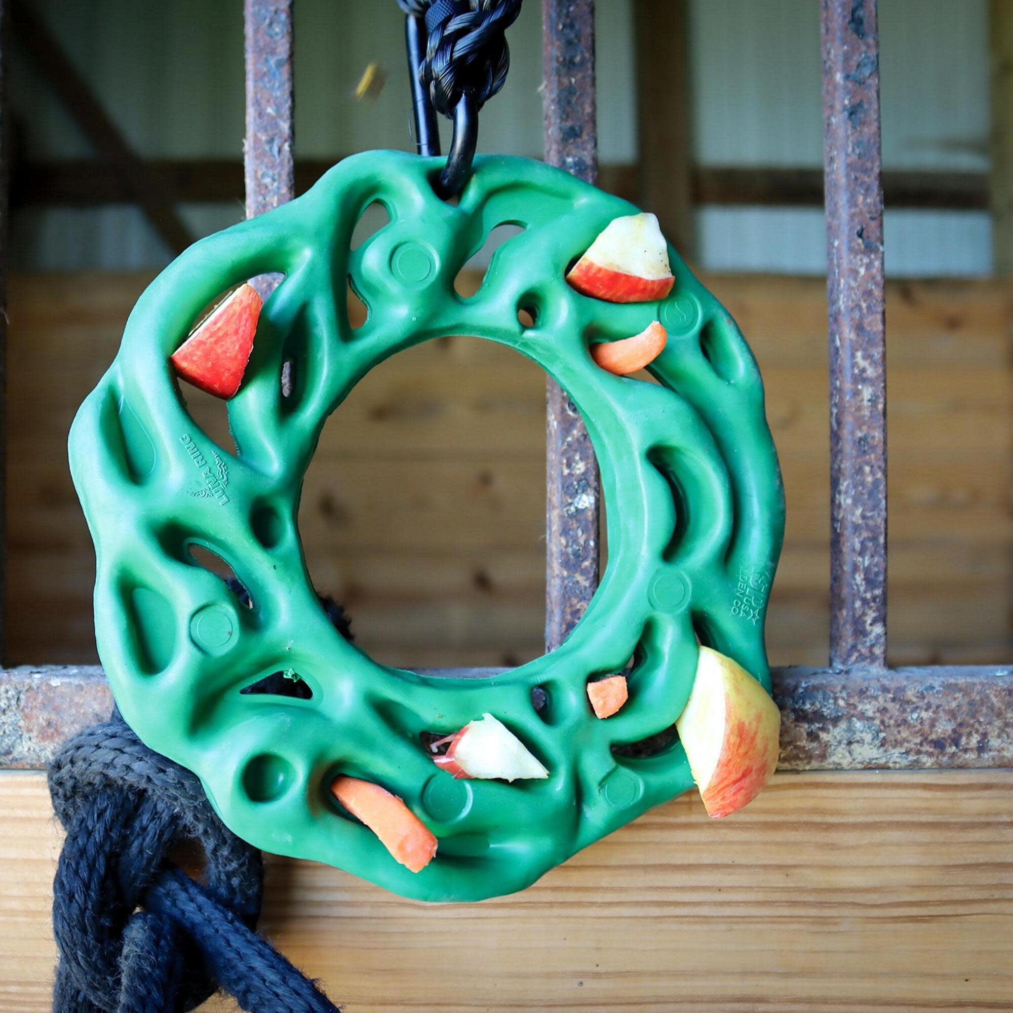 PetKORE: Luna Ring - Horse-Equine - 9" Green, Rubber Treat Puzzle Toy with Hanging Kit, Carabiner & Rope, Fun Mental Stimulation & Stress Relief Play