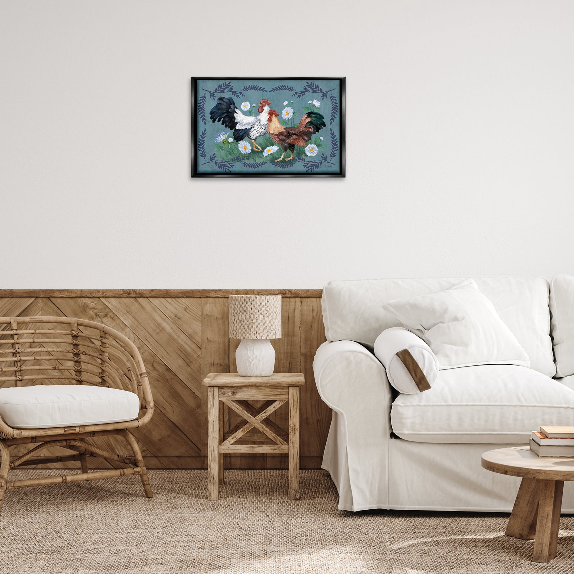 Stupell Industries Roosters with Fern Trim Animals & Insects Painting Black Floater Framed Canvas Art Print Wall Art, 25 x 17