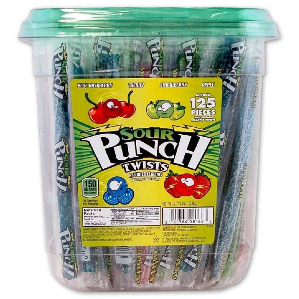 Sour Punch Twists, 4 Flavor Individually Wrapped Sweet & Sour Candy, 6" Inch Pieces, 2.71LB Jar