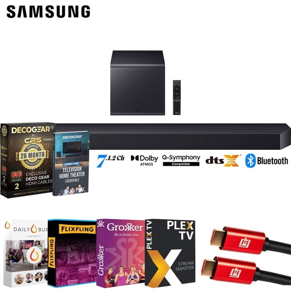 Samsung Q Series Soundbar HW-Q900F 7.1.2 ch Subwoofer (2025) Bundle with Premiere Movies Streaming, 2X HDMI Cable, CPS 26 Month Protection & Deco Gear Complete Home Theater Beginner's Guidebook