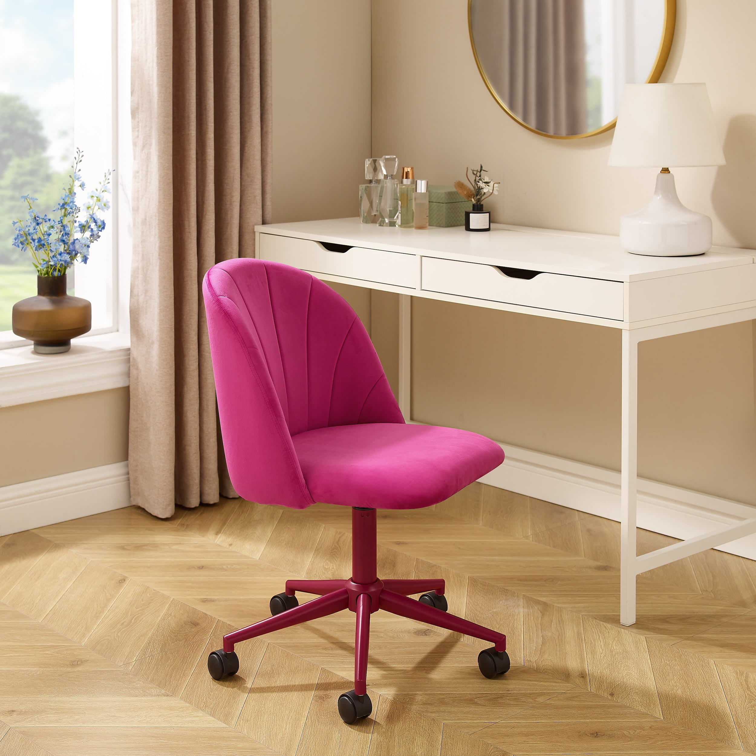 Linon Alondra Upholstered Mid Back Office Desk Chair with Castors, Hot Pink