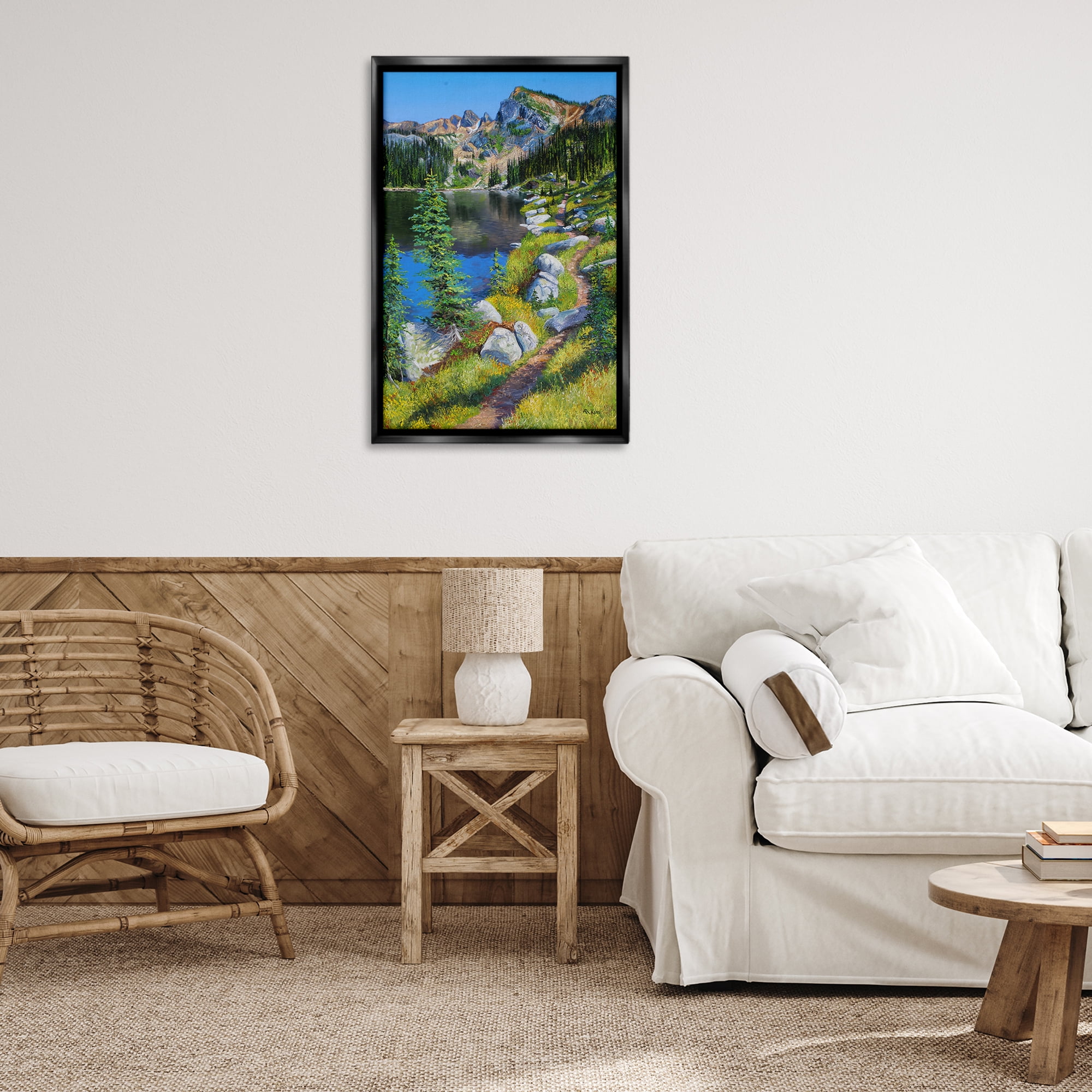 Stupell Industries Alpine Lake Landscape Landscape & Nature Painting Black Floater Framed Canvas Art Print Wall Art, 21 x 31