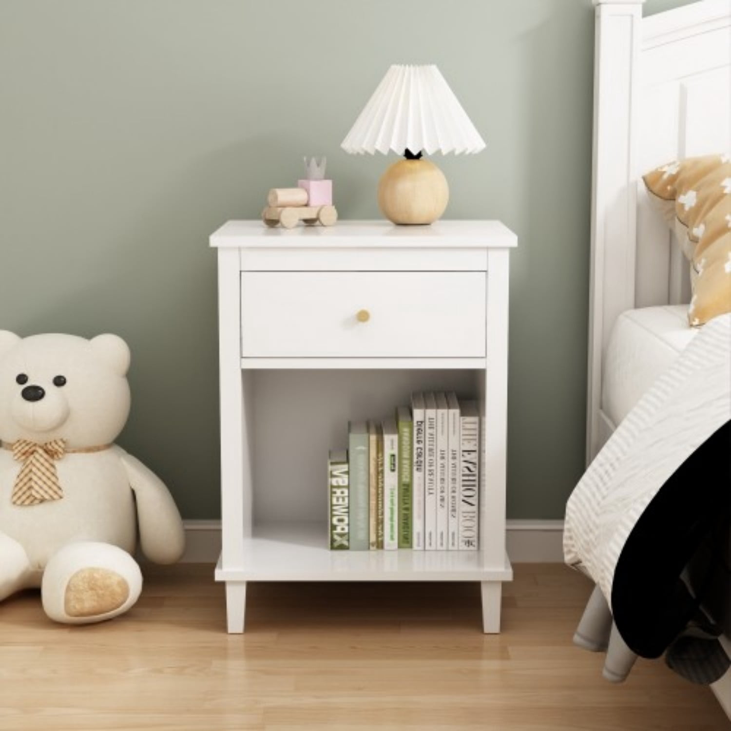 26.77" Wooden Nightstand with Drawer and Open Shelf, Modern Bedside Table for Kids & Adults, MDF End Table with Silver Handle, White