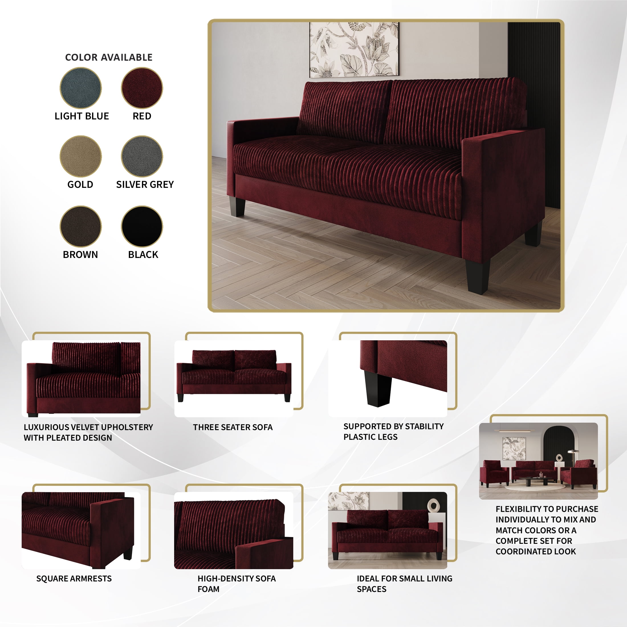 Castle Place Contemporary Corduroy Velvet Sofa, Black