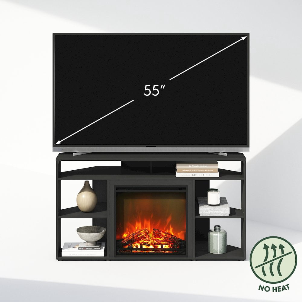 Furinno Jensen No Heat Decorative Electric Fireplace Corner TV Stand, Entertainment Center for TV up to 55 Inch with 6 Open Compartments, Americano