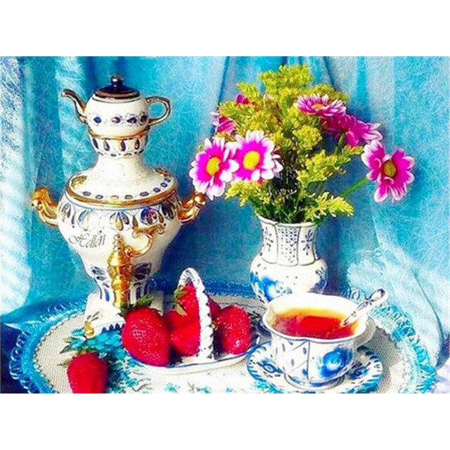 5D Diamond Painting Garden Kitchen Tea Set Flowers Diamond Embroidery Cross Stitch Kits Mosaic Drill Landscape Home Decor GiftsRound 50X70 Gao Jinjia LED