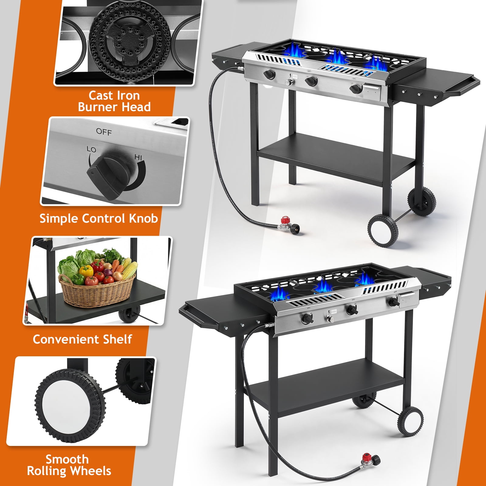 Ktaxon 3 Burner Propane Stove Gas Cooker with Auto Ignition,Side Shelf,225,000 BTU for Outdoor Cooking