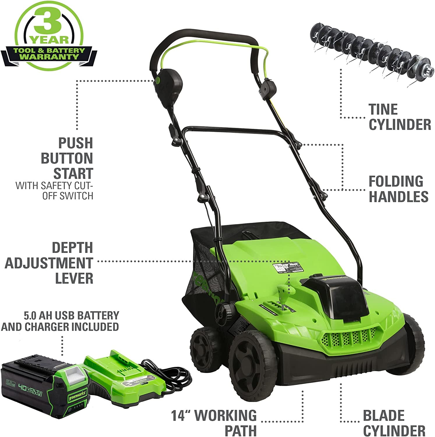 Greenworks Dethatcher/Scarifier 14â€ Battery Powered Self-Propelled Walk-Behind Mower, Cordless