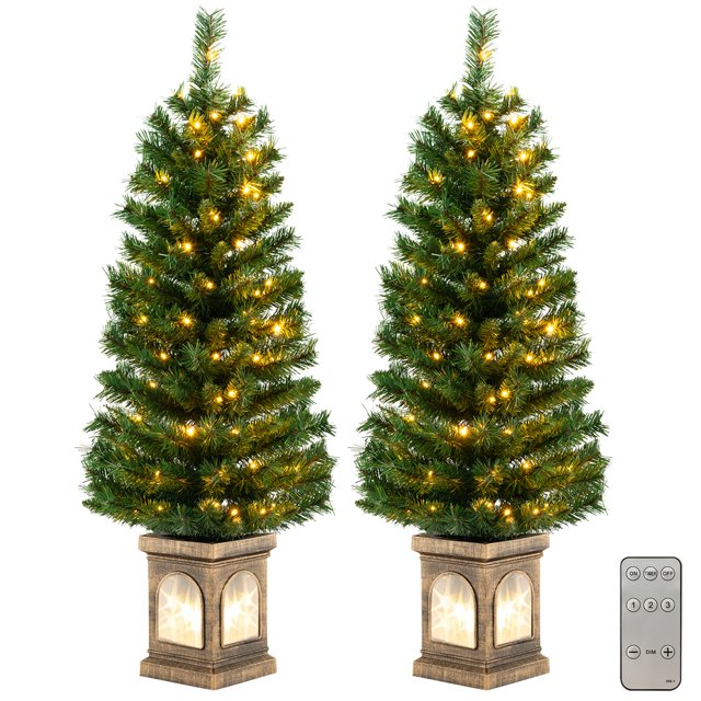 Costway 2 PCS 4 FT Pre-Lit Potted Christmas Tree Artificial Entrance with 3 Lighting Modes