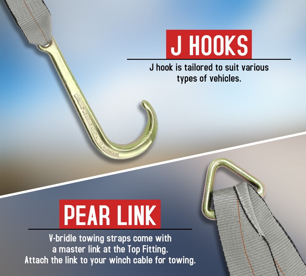 Tow Straps V Bridle 3" x 24" w/ 15" Long Shank J Hooks 5400 lbs Working Load | Recovery V Strap for Car Wrecker Rollback, Car Hauler Carrier