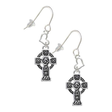 Silvertone Large Celtic Cross Heart French Earrings