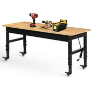 Tolead 60" Heavy-Duty Adjustable Workbench with Power Outlets, Rubber Wood Shop Table, Metal Wheels, Workstation