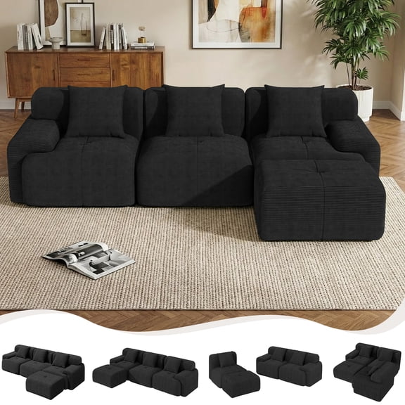 SOBREMESA 104" Modular Cloud Couch with Ottoman, No-Assembly Boneless Sectional Sofa, Deep Seat & Pillows for Small Living Room, Black