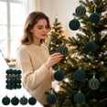 thumbnail image 4 of Christmas Tree Ornaments Set 24 Piece Flocked Velvet Holiday Hanging Ball Decorations Green 2.36 Inch, 4 of 9