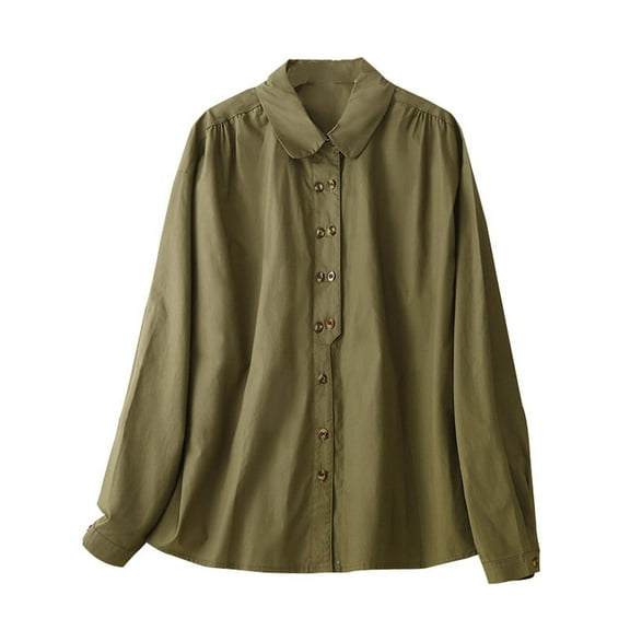 ATOYSOY Women's Loose Cotton Lined Shirts with Pockets Turn Down Collar Tops Fall Long Sleeve Blouses Spring Casual Trendy Button Sewatshirts Workout Pullovers Green L