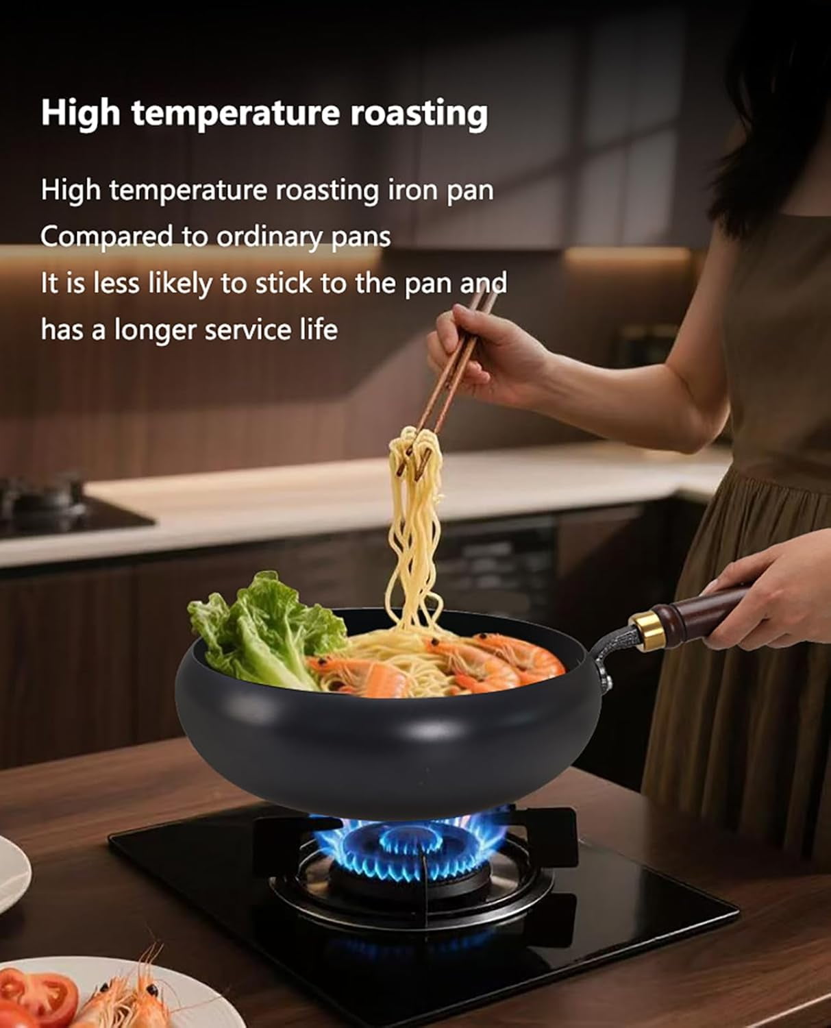 Hand-Forged Iron Wok with Wooden Lid, Japanese Non-Coated Nonstick Frying Pan, for Gas Stove, Induction Cooktop – Flat Bottom Stir Fry Pan for Home Kitchen Cooking (9.5in)
