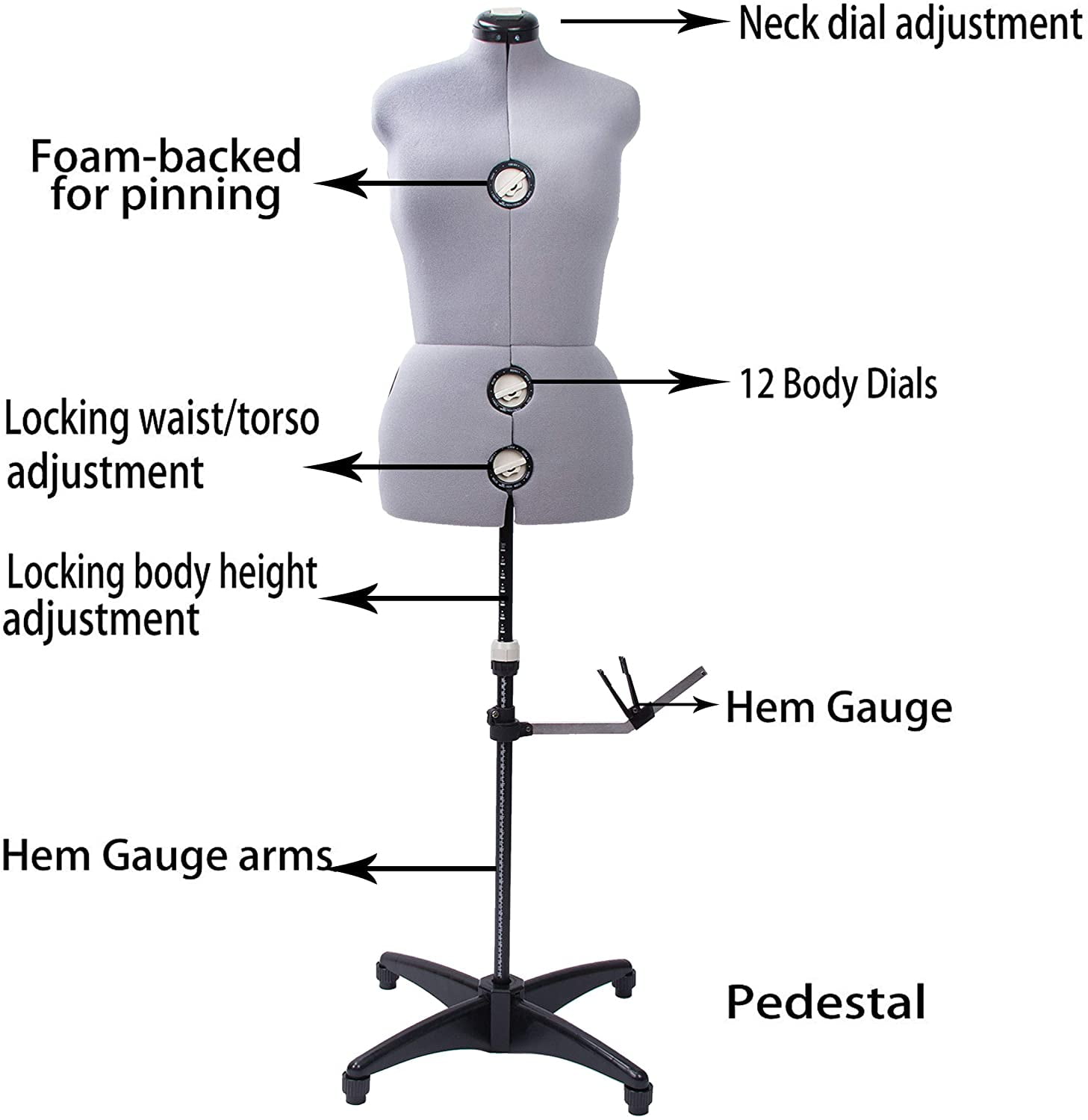 GEX Worldwide 70'' Gray Female Fabric Adjustable Mannequin Dress Form for Sewing Women's Mannequin Body Torso with Stand Medium