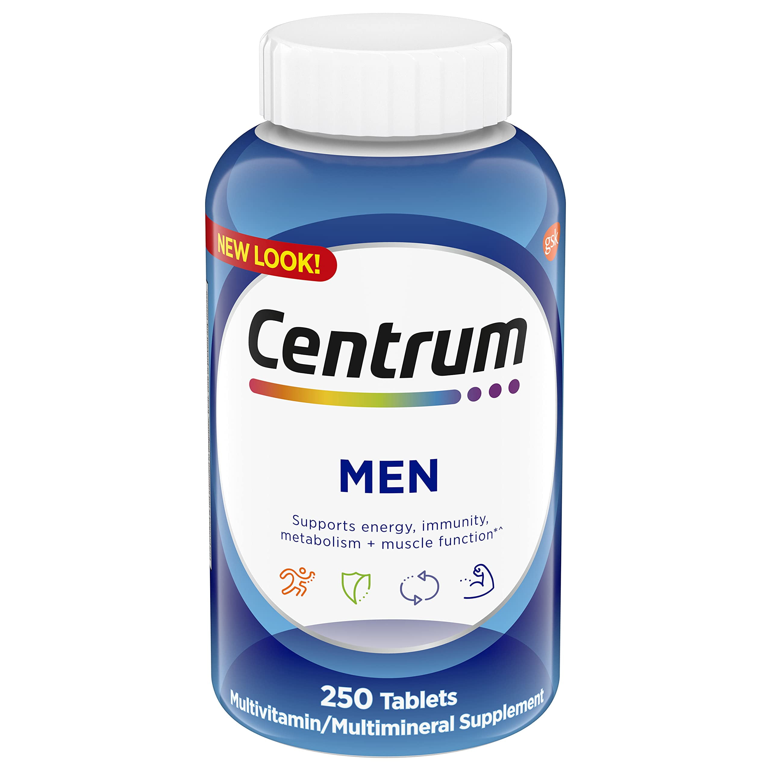 Centrum-monivitamiini miehille, multivitamiini-monivärinen lisäaine D3-vitamiinilla, B-vitamiineilla ja antioksidanteilla, gluteeniton, ei-GMO-aineosat - 250 kreivi
