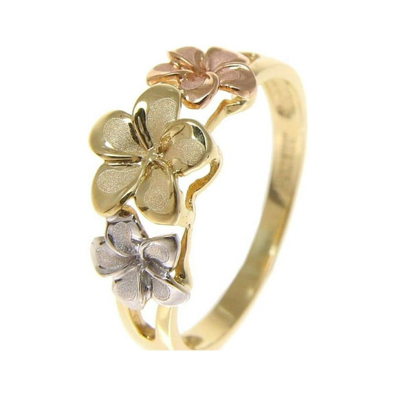Solid 14k tricolor gold 6.5mm-8mm-6.5mm Hawaiian plumeria flower ring size 7