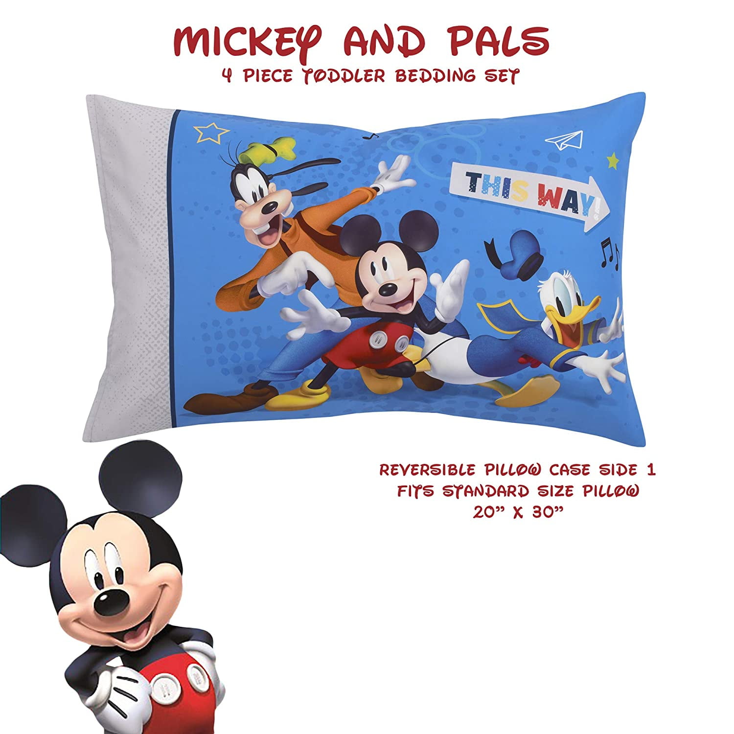 Disney Mickey Mouse 4 Piece Bedding Sets, Toddler Bed with Comforter, Fitted Sheet, Flat Top Sheet, Pillowcase