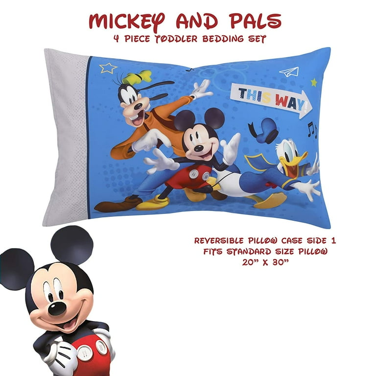 Disney Mickey Mouse 4 Piece Bedding Sets Toddler Bed with Comforter Fitted Sheet Flat Top Sheet Pillowcase