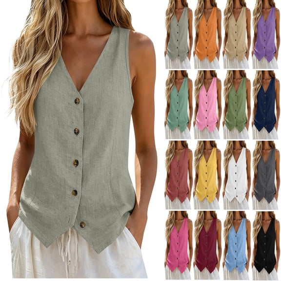 Vivianyo HD Women's Linen Blend Button Down Vest, Sleeveless V-Neck Waistcoat for Women,Summer Casual Tank Tops Everyday Wear, Women's Dark Gray, Sizes S-2XL