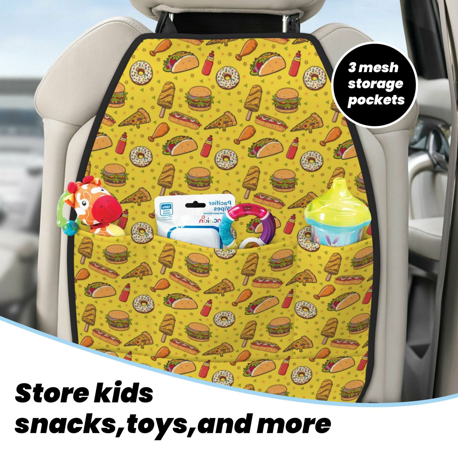 Naloa Fast Food 1 2Pcs Anti-Kick Back Seat Cover Kick Mat, Car Seat Protector with 3 Storage Pockets
