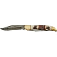 thumbnail image 2 of SANZ 2-Blade Knife – 5" Closed, Damascus Steel Blades, Stag Handle, Brass Bolsters, Leather Sheath, 2 of 7