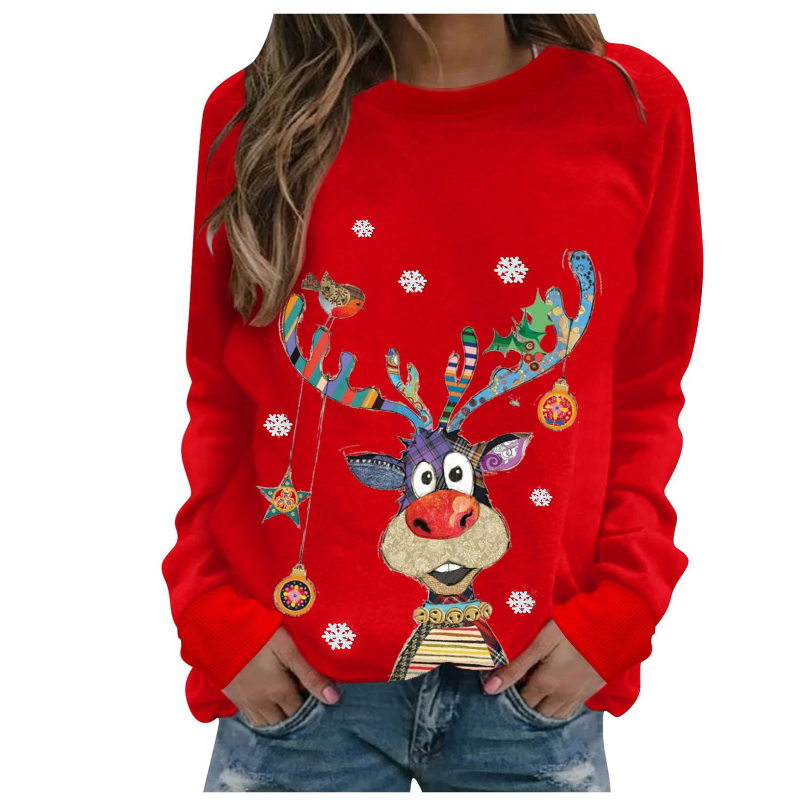 Womens Plus Size Christmas Sweaters Tops for Women Outfits Family Pullover Women's Casual Fashion Print Long Sleeve Crewneck Pullover Tshirt Women's T Shirt Size Xmas Shirts Funny Merry -