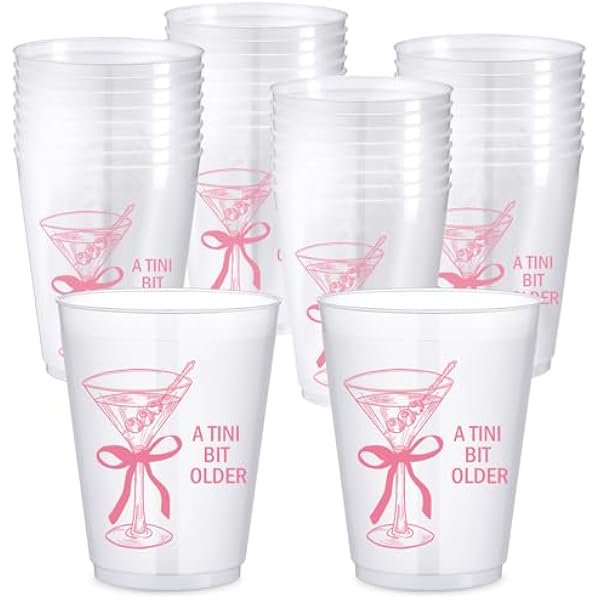 wonima02 24 Pack a Tini Bit Older Cups 16 oz Plastic Martini Birthday Cups Martini Bow Party Decorations for Women a Tini Bar Bit Older Birthday Home Bachelorette Party Supplies(Pink)