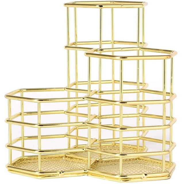 Portalápices, portalápices dorado para organizador de escritorio, portaescobillas de maquillaje de metal con 3 compartimentos
