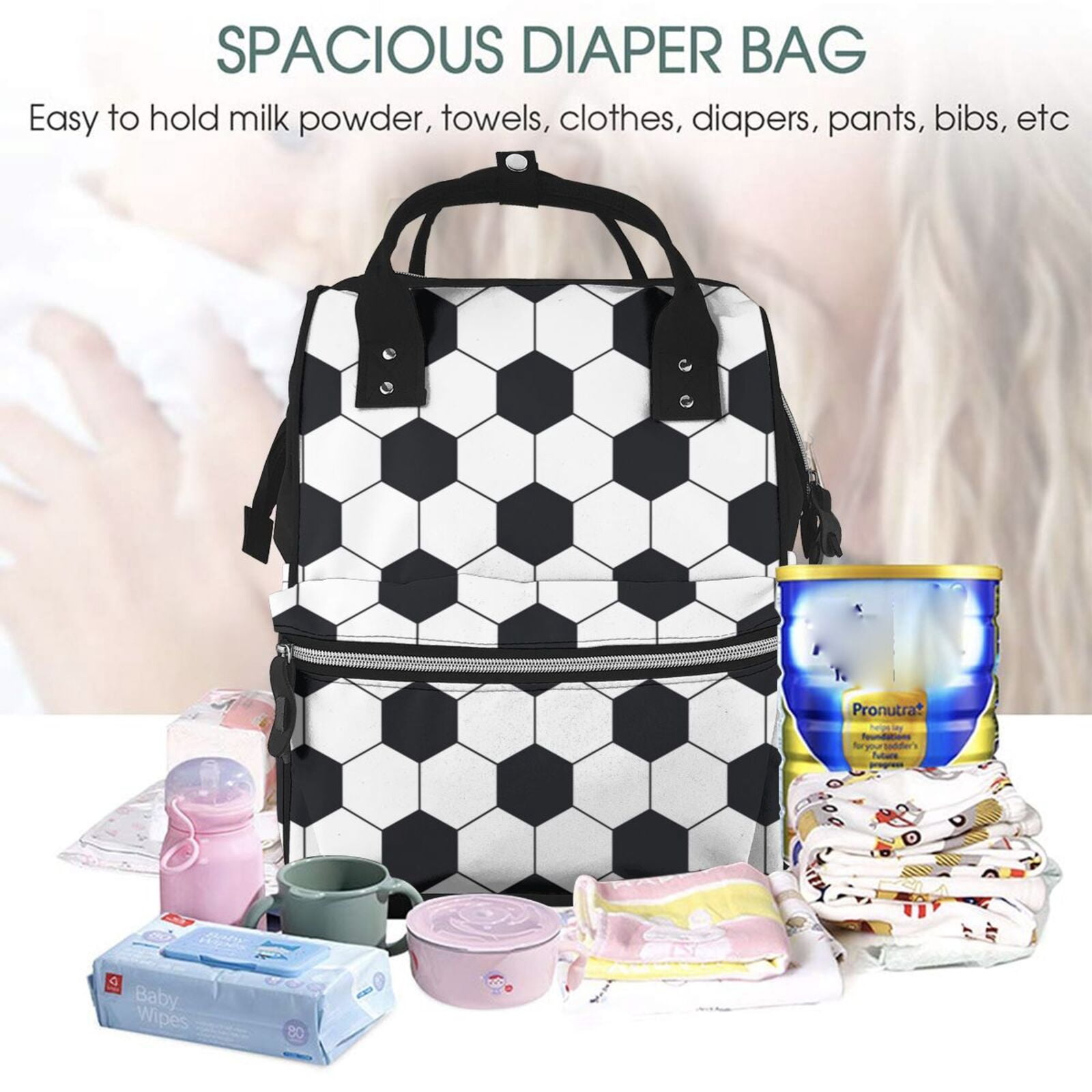 Fuzoiu Soccer Ball Print Diaper Bag Backpack,Baby Essentials Travel Tote,Multi function Waterproof Diaper Bag, Travel Essentials Baby Bag - Unisex