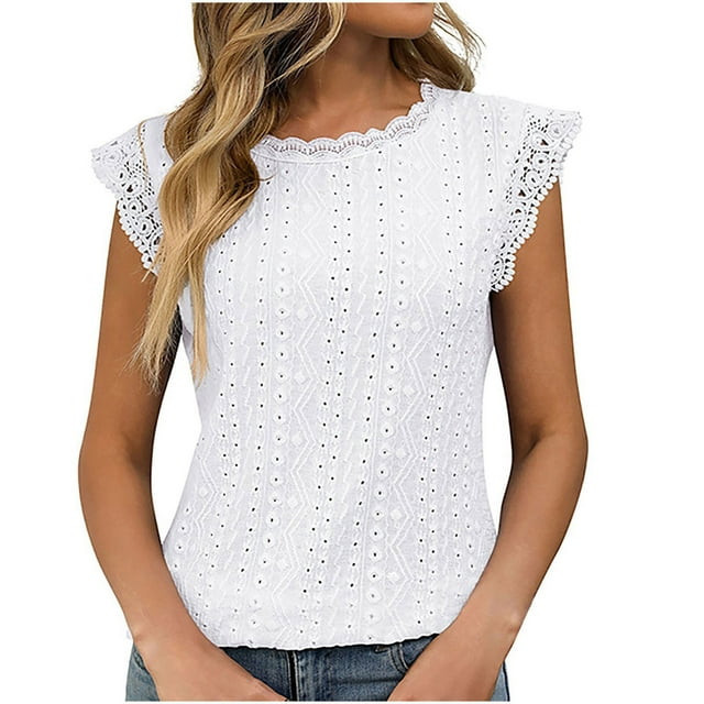 Timegard Camisole à Oeillets pour Femmes, Manches Courtes en Dentelle, Col Rond, T-Shirt d'Été Chic Décontracté, Tunique Confortable