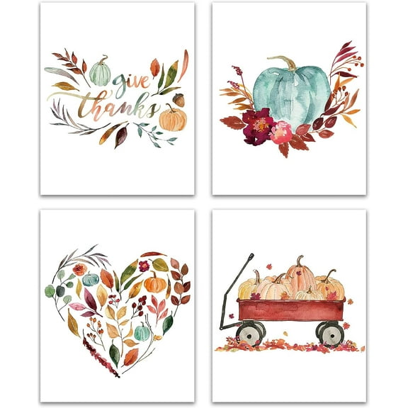 Autumn Decor Fall Wall Art Watercolor Heart Love Wagon Floral Leaves Themed Painting Harvest Festive Home Decoration Thanksgiving Gift Farmhouse Lovely Rustic Prints(8x10 inch,Set of 4,Unframed)
