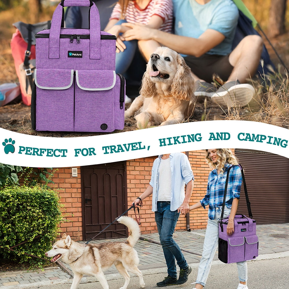 PetAmi Dog Travel Bag Pet Supplies Accessories Organizer For Traveling, Camping, Weekend; Cat Pet Travel Bag Kit includes 2 Food Storage Containers, 2 Collapsible Bowls, 1 Feeding Mat (Purple)