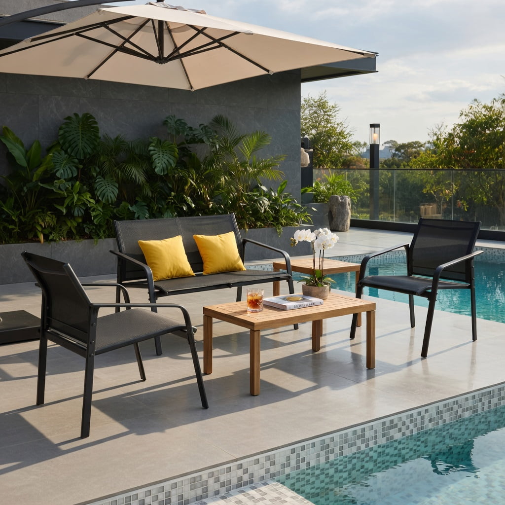 Hommoo 4-Piece Modern Patio Furniture Set, Steel Frame Outdoor Loveseat, 2 Armchairs + Tempered Glass Table, Weather-Resistant, Easy Assembly, Black