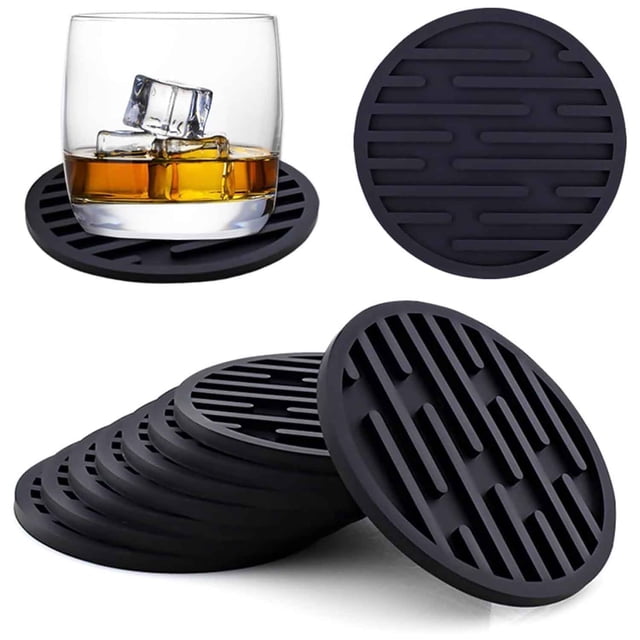 Posavasos de Silicona, Juego de 8 Posavasos con Soporte, Decoración de Escritorio, Posavasos para Coche y Bebidas, Negro