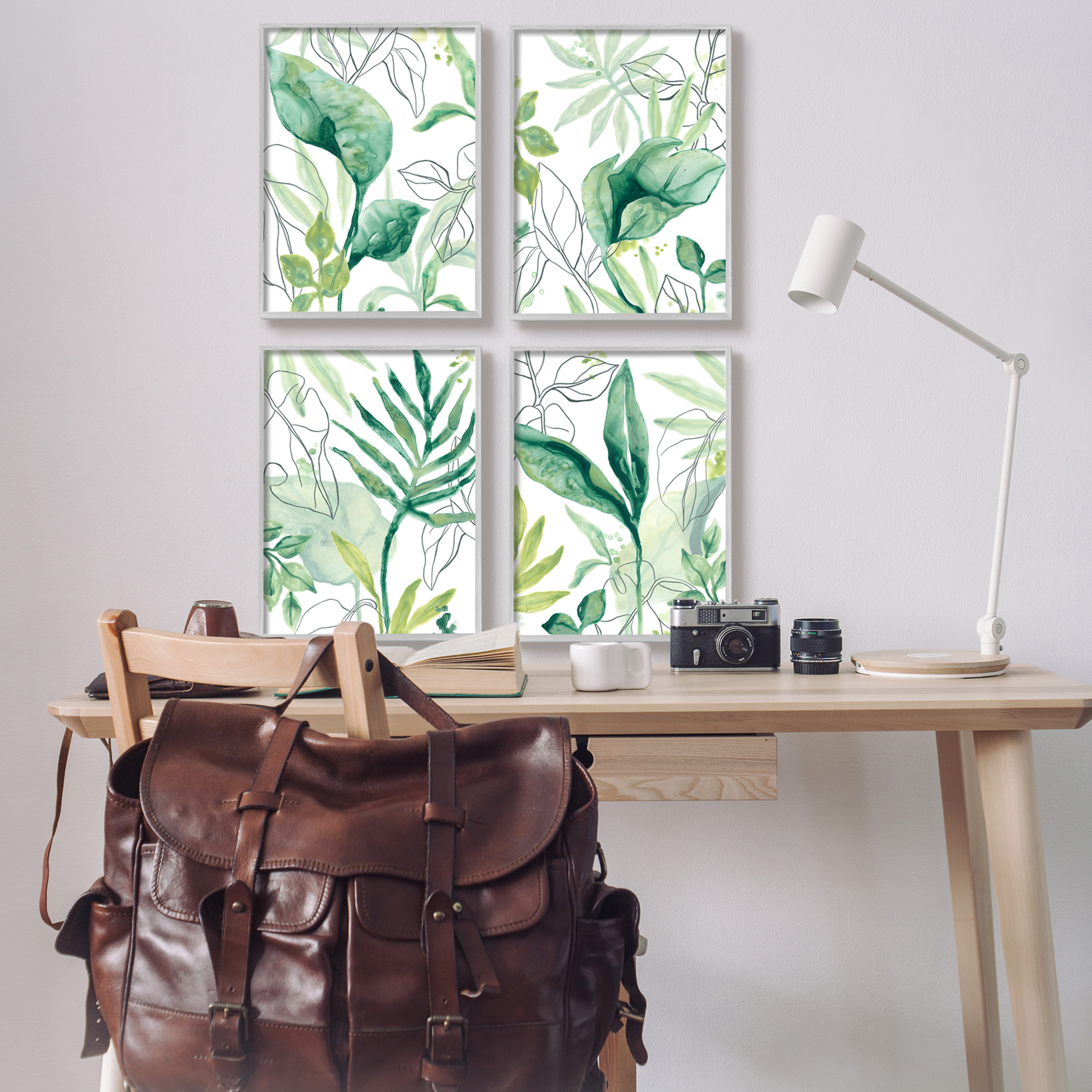 Stupell Industries Varied Green Tropical Plant Leaves Botanical & Floral Painting Gray Framed Art Print Wall Art, Set of 4